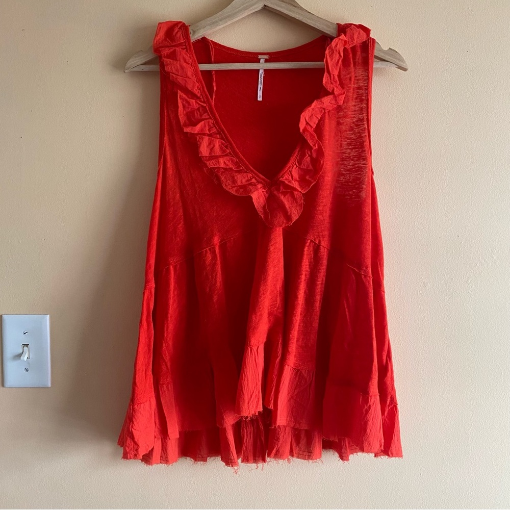 Free People Out and About Tank Woman Small Orange Ruffle Raw Hem Linen BOHO - Picture 2 of 15